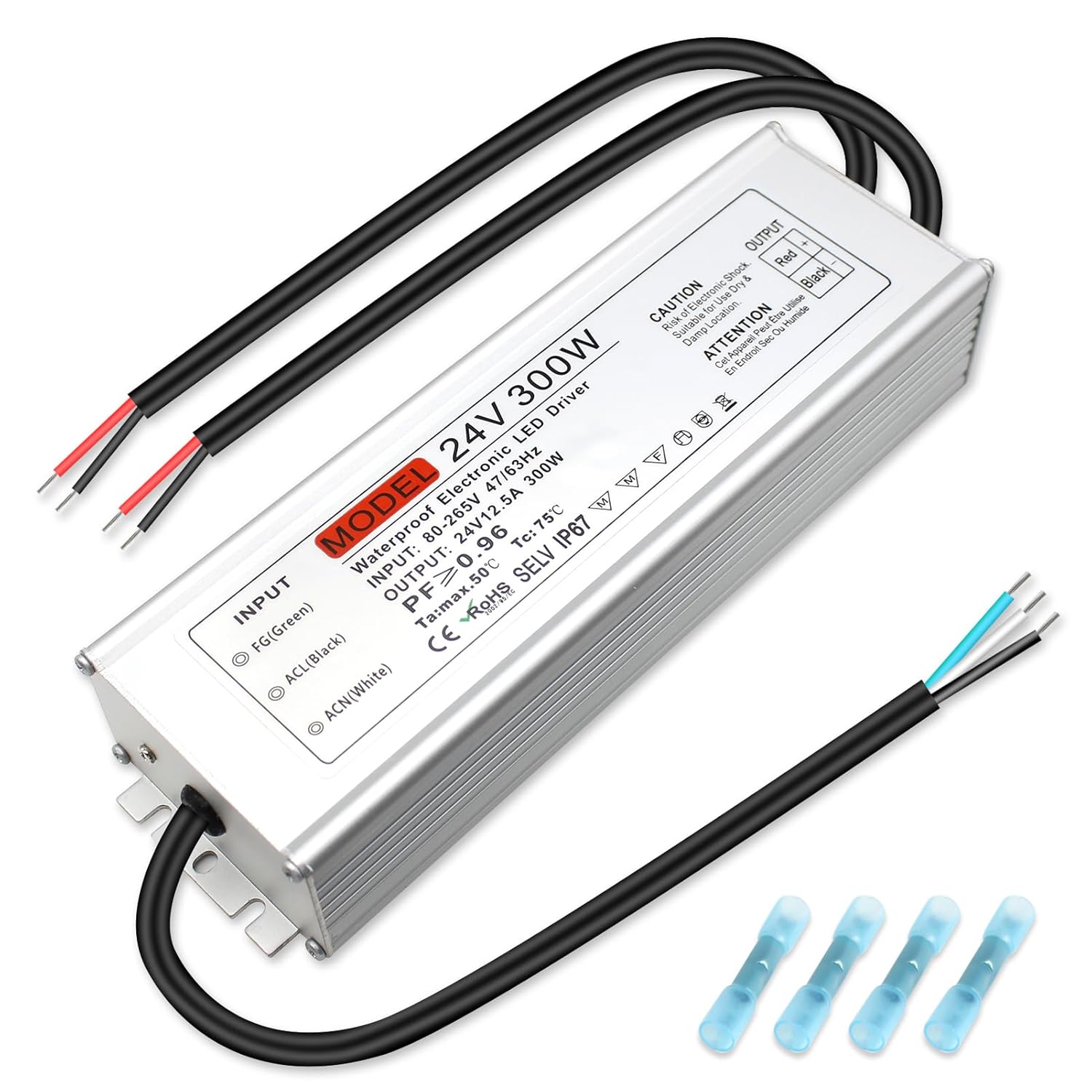 Alimentation LED étanche 24 V 30 W–300 W, entrée 90–265 V, sortie simple/double fil, pilote LED extérieur, CE/RoHS/FCC — Options de fiches et de câbles US/UK/EU 