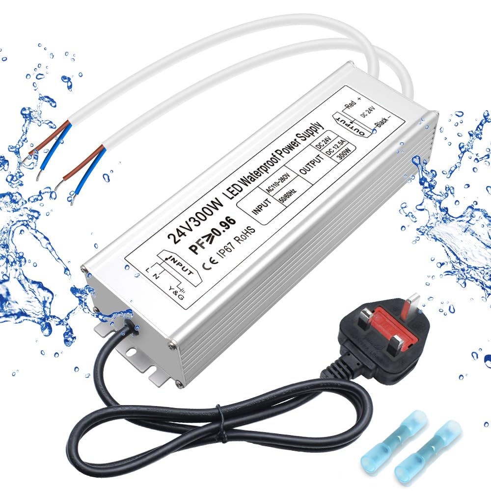 Alimentation LED étanche 24 V 30 W–300 W, entrée 90–265 V, sortie simple/double fil, pilote LED extérieur, CE/RoHS/FCC — Options de fiches et de câbles US/UK/EU 