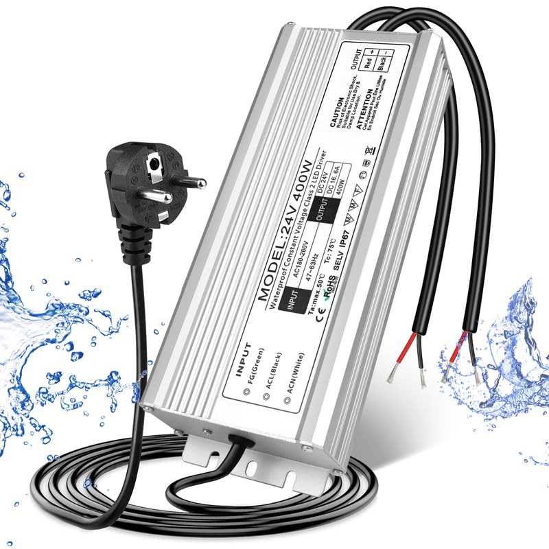 24V Waterproof LED Driver, 175–265V Input, 200W–500W, Single/Dual Wire Output, Outdoor Power Adapter, CE/RoHS/FCC — UK/EU Plug & Wire Leads Options