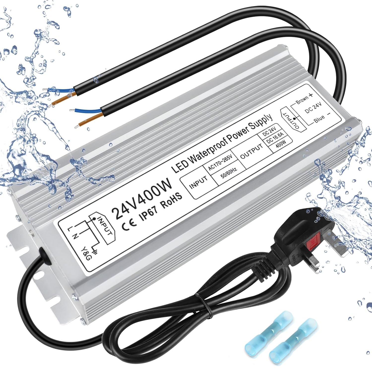 24V Waterproof LED Driver, 175–265V Input, 200W–500W, Single/Dual Wire Output, Outdoor Power Adapter, CE/RoHS/FCC — UK/EU Plug & Wire Leads Options