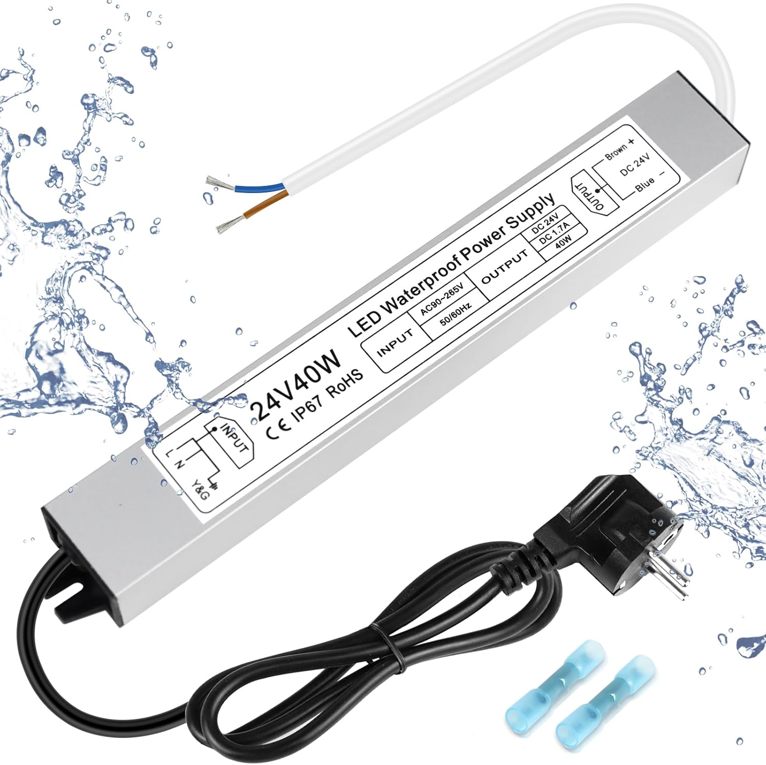 Alimentation LED étanche 24 V 30 W–300 W, entrée 90–265 V, sortie simple/double fil, pilote LED extérieur, CE/RoHS/FCC — Options de fiches et de câbles US/UK/EU 