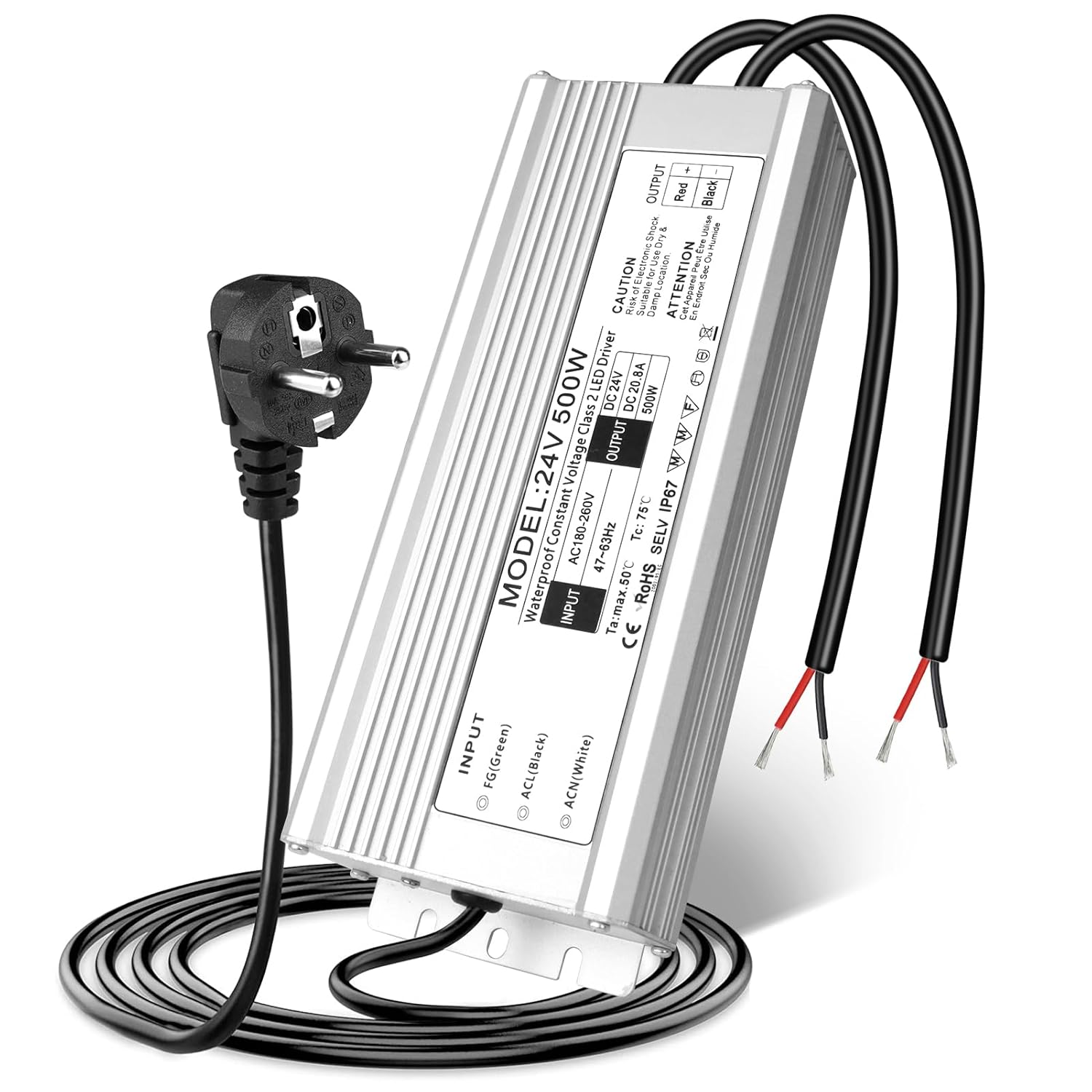 24V Waterproof LED Driver, 175–265V Input, 200W–500W, Single/Dual Wire Output, Outdoor Power Adapter, CE/RoHS/FCC — UK/EU Plug & Wire Leads Options