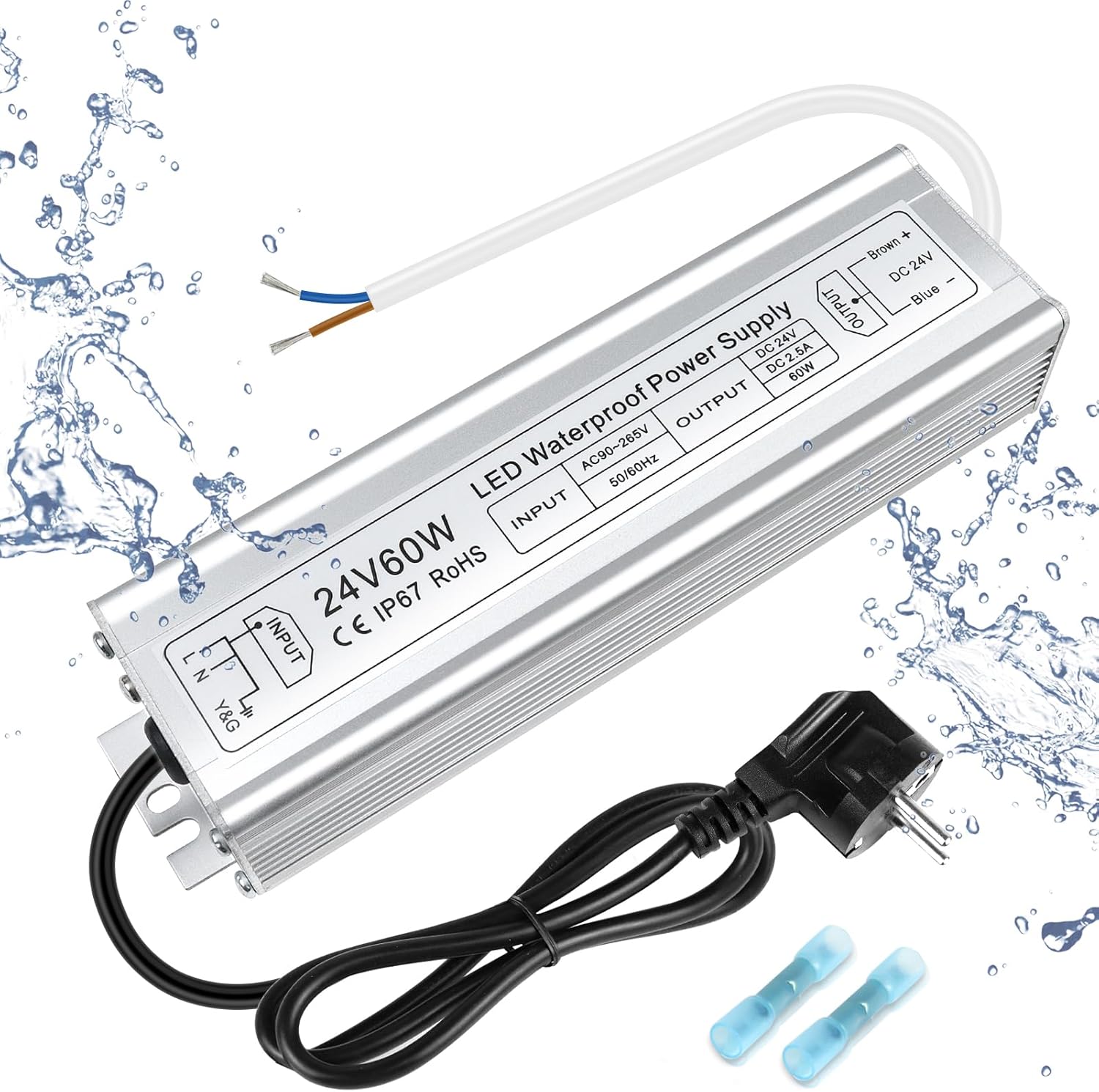 Alimentation LED étanche 24 V 30 W–300 W, entrée 90–265 V, sortie simple/double fil, pilote LED extérieur, CE/RoHS/FCC — Options de fiches et de câbles US/UK/EU 