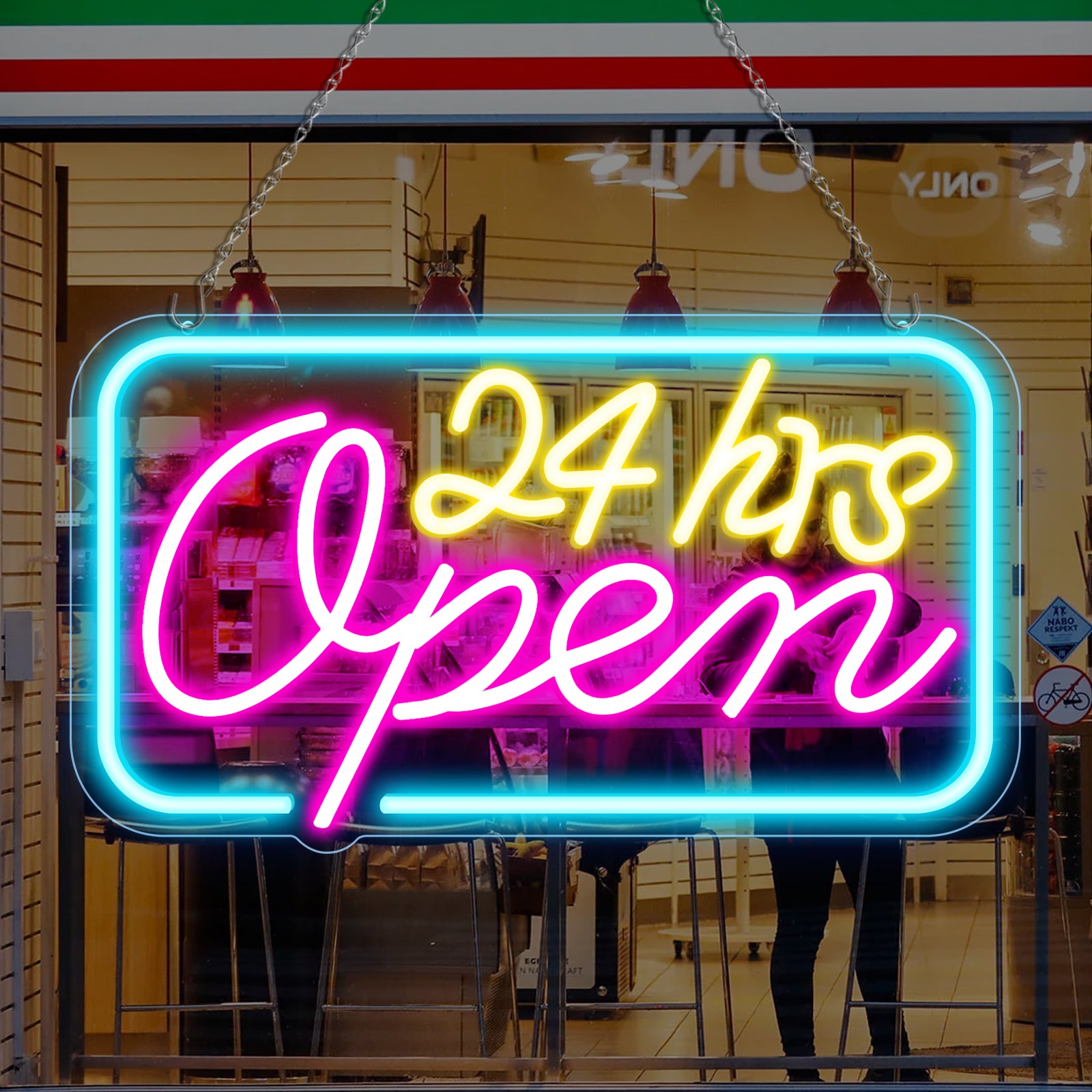 24 Stunden geöffnet Neonschild – Eisblau, Gelb &amp; Lila Leuchten | 40×23 cm (16×9 Zoll) | Fenster-Hängeleuchte für 24-Stunden-Läden Plug &amp; Play
