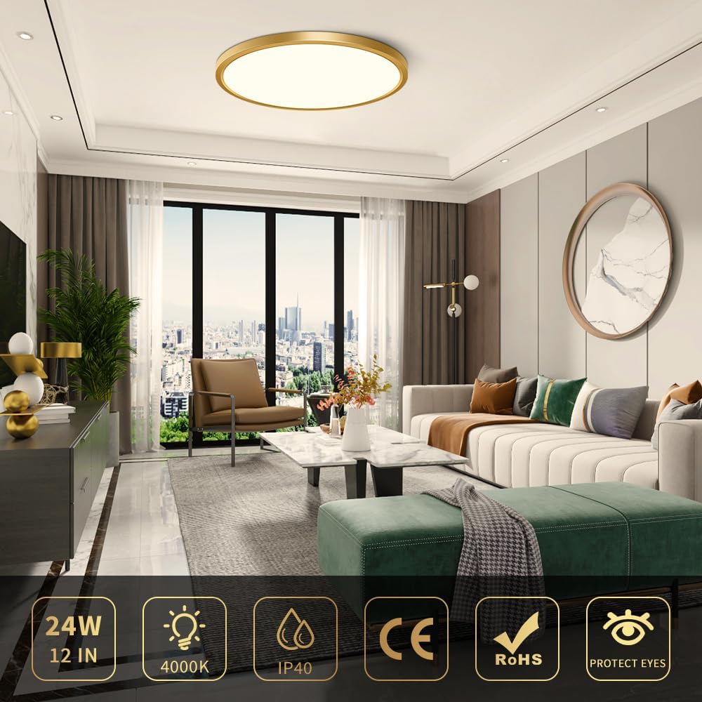 AC 110–130 V runde LED-Deckenleuchte – Gold – 18 W / 24 W / 32 W Optionen – 3000 K / 4500 K / 5000 K / 6500 K – Deckenleuchte zur Unterputzmontage – Lokaler Lagerbestand (USA)