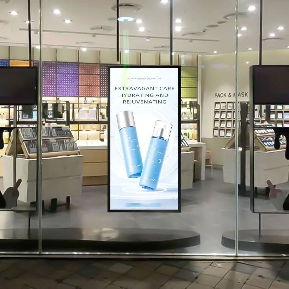 65" Double-Sided High Bright Window LCD Display, 2500nits Front + 700nits Back, Android 2+32G, Non-Touch, Cloud/APP/USB, Hanging/Floor Stand