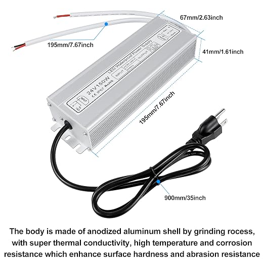24V Waterproof LED Power Supply 30W–300W, 90–265V Input, Single/Dual Wire Output, Aluminum Housing, Outdoor LED Driver, CE/RoHS/FCC — US/UK/EU Plug & Wire Leads Options