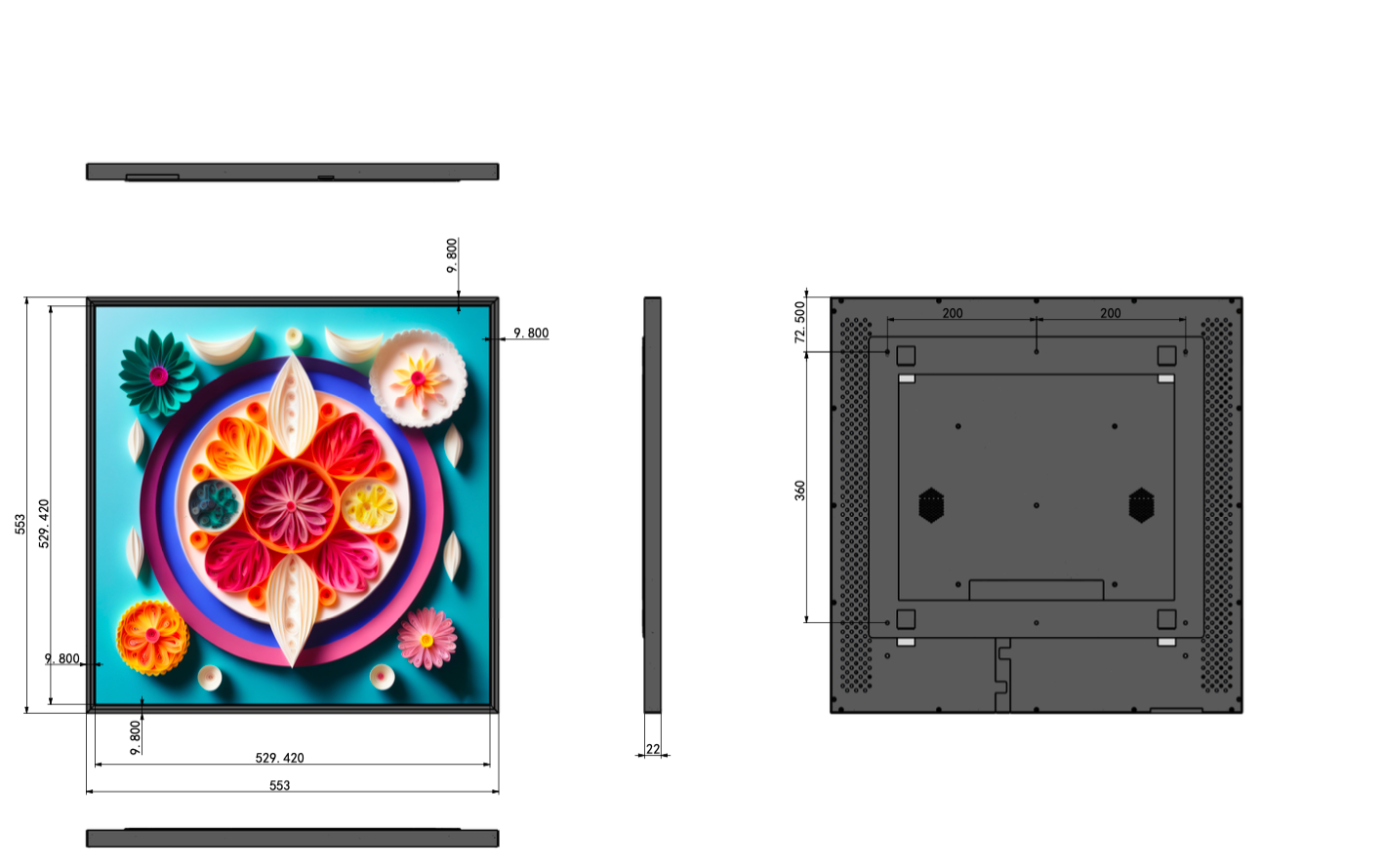 SL-Serie 29,5 Zoll (529,4 × 529,4 mm sichtbar) 22 mm superschlanker quadratischer LCD-Digitalbildschirm, berührungslos, Inhalts-Upload über Dadonlion-Plattform/USB-Disk
