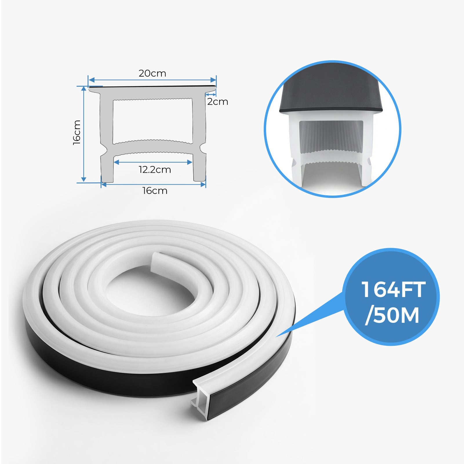 16×16mm Quick Install Neon Light Housing – S1616-T Black Transparent Mounting Edge | Silicone LED Channel System | Max Strip Width ≤12 mm | Top-Emitting Neon Diffuser Cover | for Cove Lighting & LED Signage Lighting | 164FT/50M