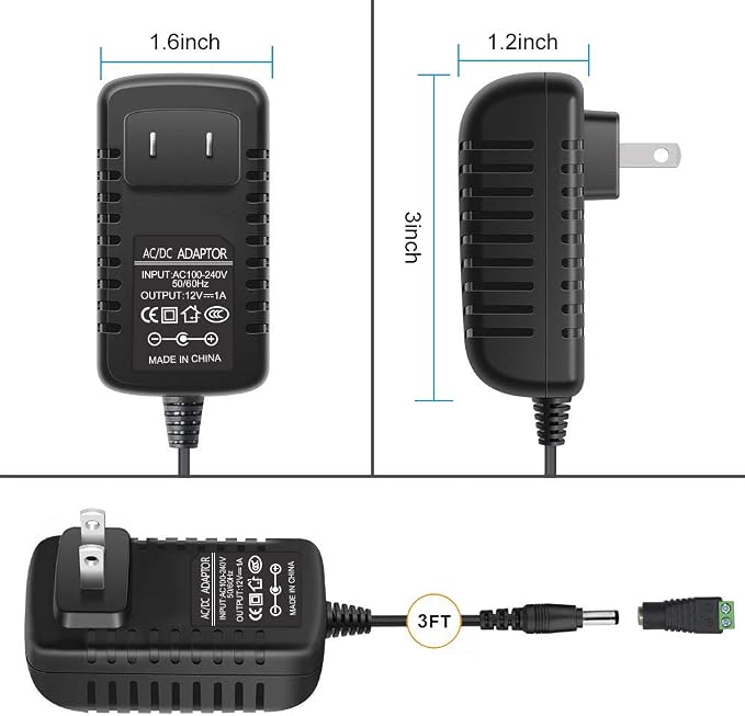 12V Power Supply Adapter 12W/24W, AC 100–240V Input, Wall Plug Transformer, Black Case — US/UK Plug, LED Driver for Strip/CCTV/Electronics