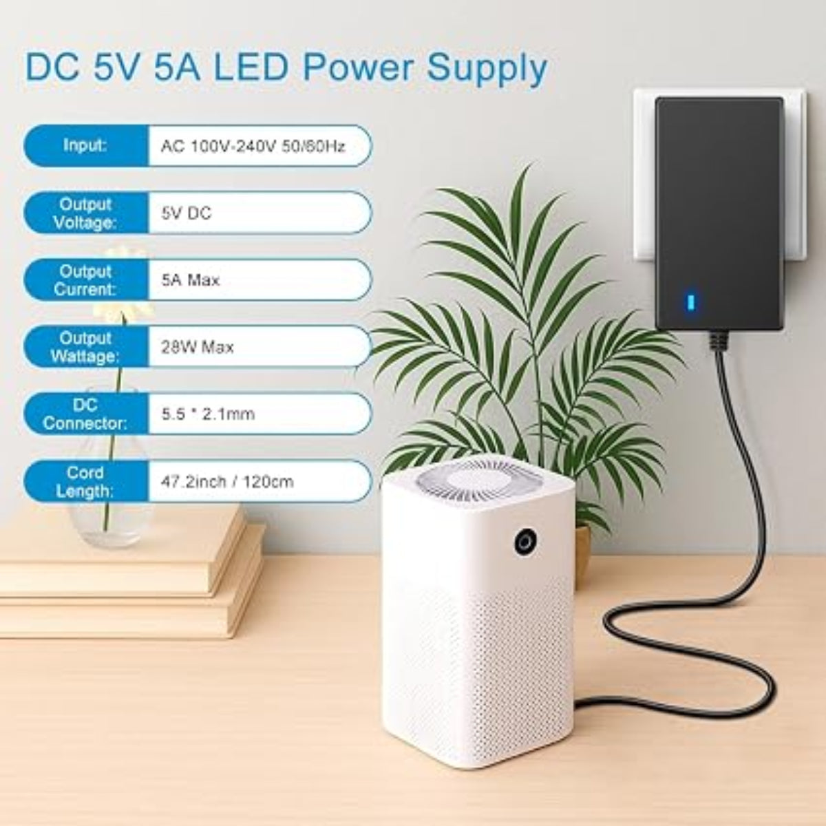 DC 5V Plug-in Power Supply Adapter 25W, AC 100–240V Input, Black Housing Wall Charger Transformer with US Plug — for LED Strip Lights, Router, USB Devices, Electronics