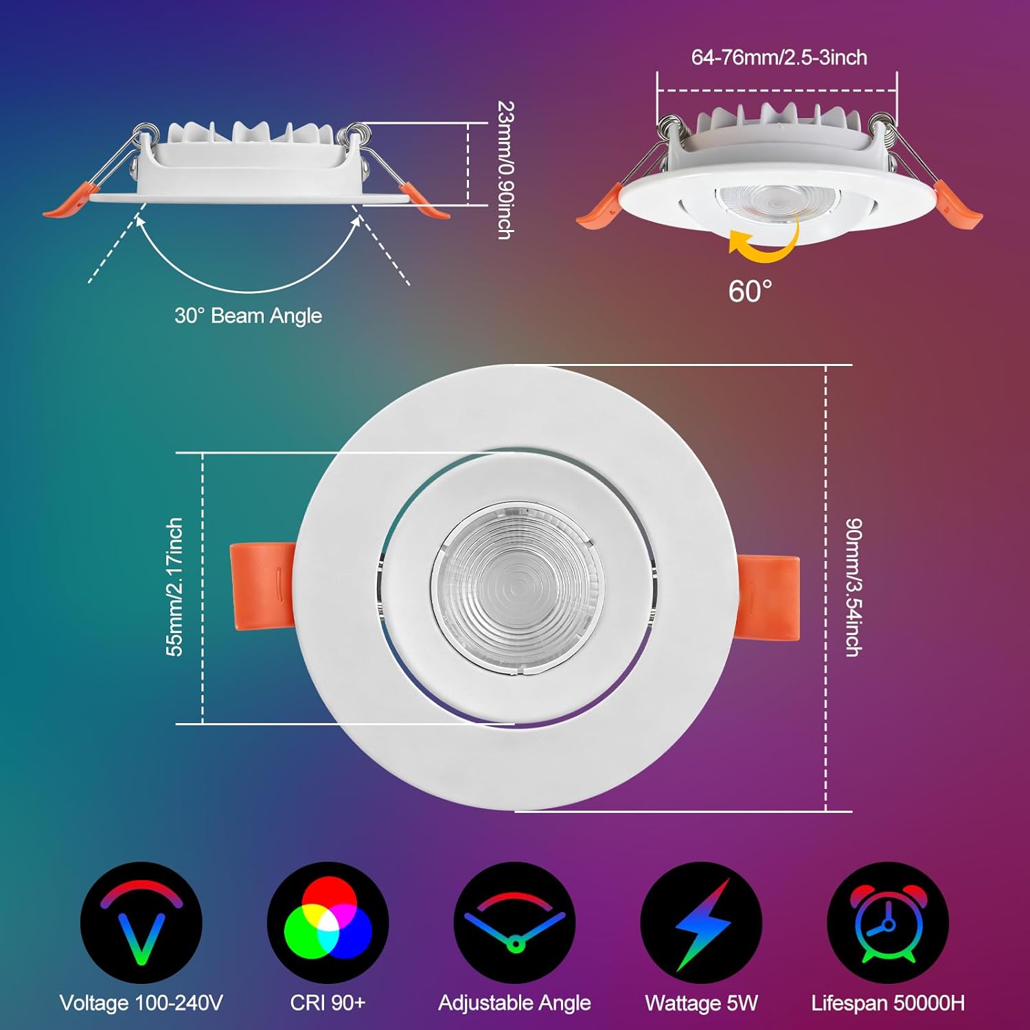 4er-Pack RGBW-LED-Deckeneinbauleuchten, 5 W, Fotowandbeleuchtung, Leuchten, leuchtend, 350 (LM), Einbau-Downlight, energiesparend, Bekleidungsgeschäft, Hotelbeleuchtung, Barbeleuchtung, Tanzsaalbeleuchtung
