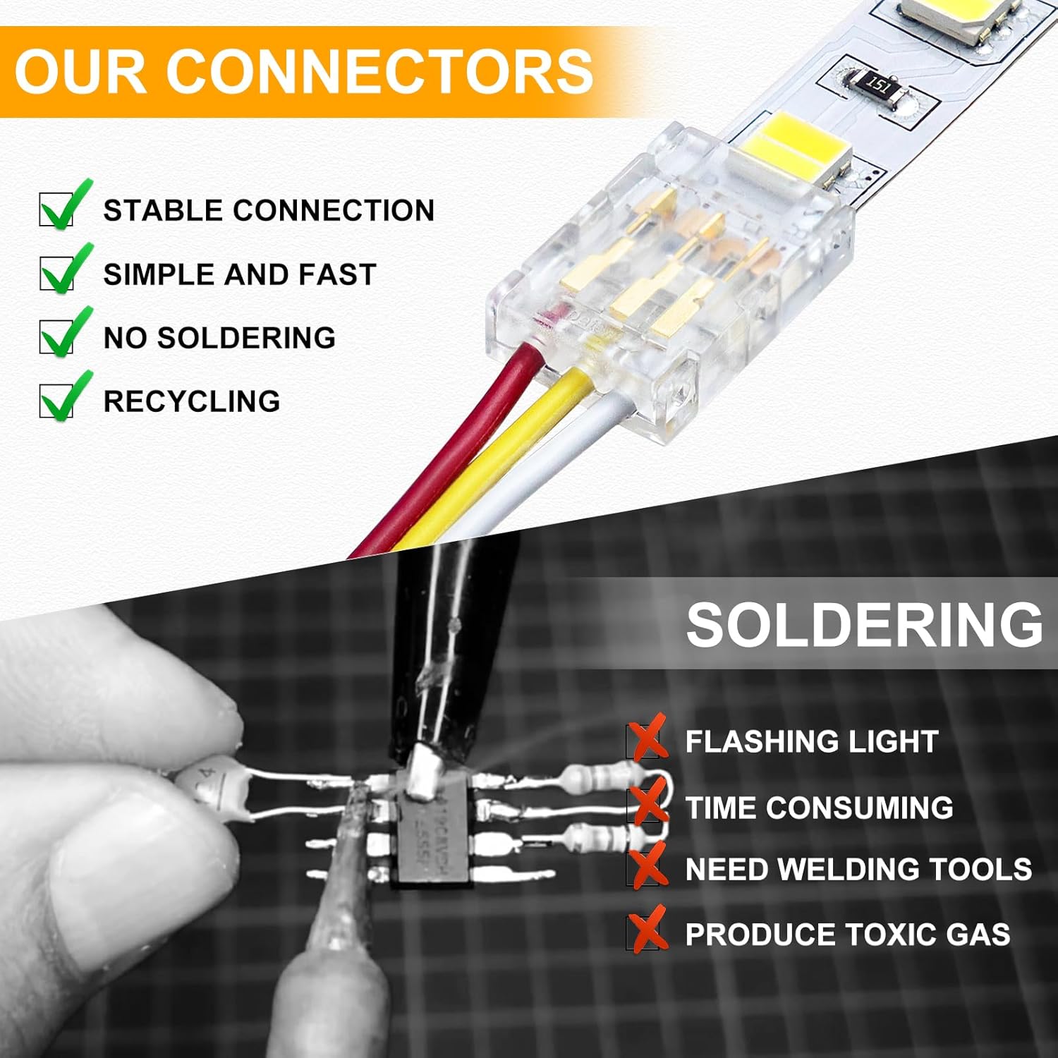 Connecteurs pour bandes LED transparentes en cristal – Clips sans soudure 10 mm 3 broches | Adaptateur bande à fil / bande à bande / CC – Stock local États-Unis/Royaume-Uni