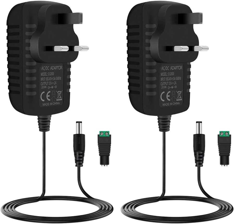 12-V-Netzteiladapter 12 W/24 W, AC 100–240 V Eingang, Wandstecker-Transformator, schwarzes Gehäuse – US/UK-Stecker, LED-Treiber für Streifen/CCTV/Elektronik 