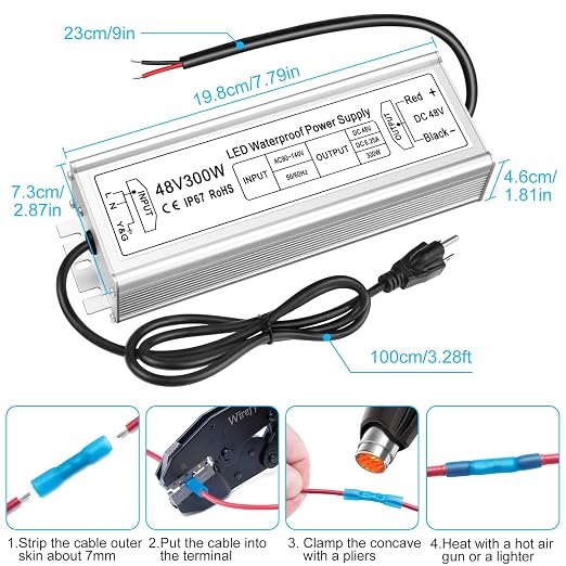48V Waterproof LED Power Supply 60W–80W, 90–265V AC Input, Single Output Transformer, Aluminum Housing, IP67 SMPS, CE/RoHS/FCC — US/UK/EU Plug & Wire Leads Options