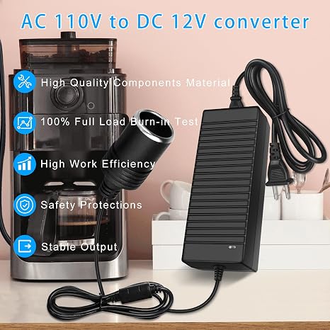 DC 12V Cigarette Lighter Desktop Power Supply Adapter 60W/120W/180W, AC 100–240V Input, Converter Transformer with US Plug — for Car Accessories, Air Pump, Cooler, and Electronics