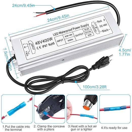 48-V-LED-Treiber, 90–140 V Eingang, 100–400 W, Konstantspannungsnetzteil mit Einzelausgang, wasserdicht nach IP67, CE/RoHS/FCC – Optionen für US-Stecker und Kabel 