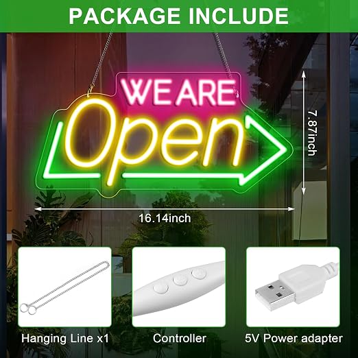 Wir haben geöffnet – Neonschild mit Sonnenblumen-Dekor – USB-Version | Warmweiß / Gelb &amp; Weiß | 17×9 Zoll / 24×13 Zoll | DC 5 V LED-Fensterleuchte für Geschäftsdekor