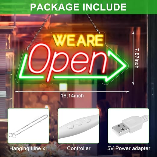 WE ARE OPEN Integrated LED Signs – USB Powered | 16.1×7.8 inch | Arrow Shape LED Window Sign |  Yellow + Red + Green Glow for Storefront Display