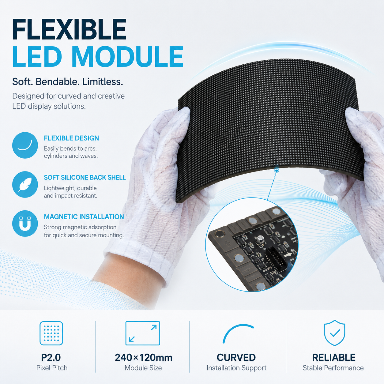 Flexibles LED-Modul für den Innenbereich der IF-2S-Serie – P2.0 | 240×120 mm | SMD | Weiche Rückschale mit Magnet | 600 Nits 