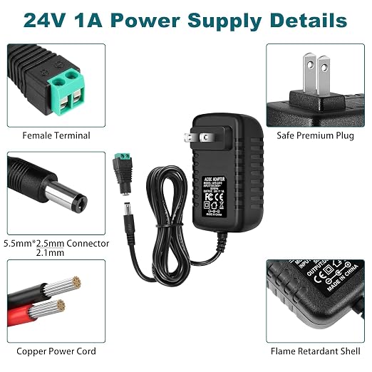 DC 24V Power Adapter 24W, AC 100–240V to 24V Wall Plug Power Supply with US Plug, Black Case