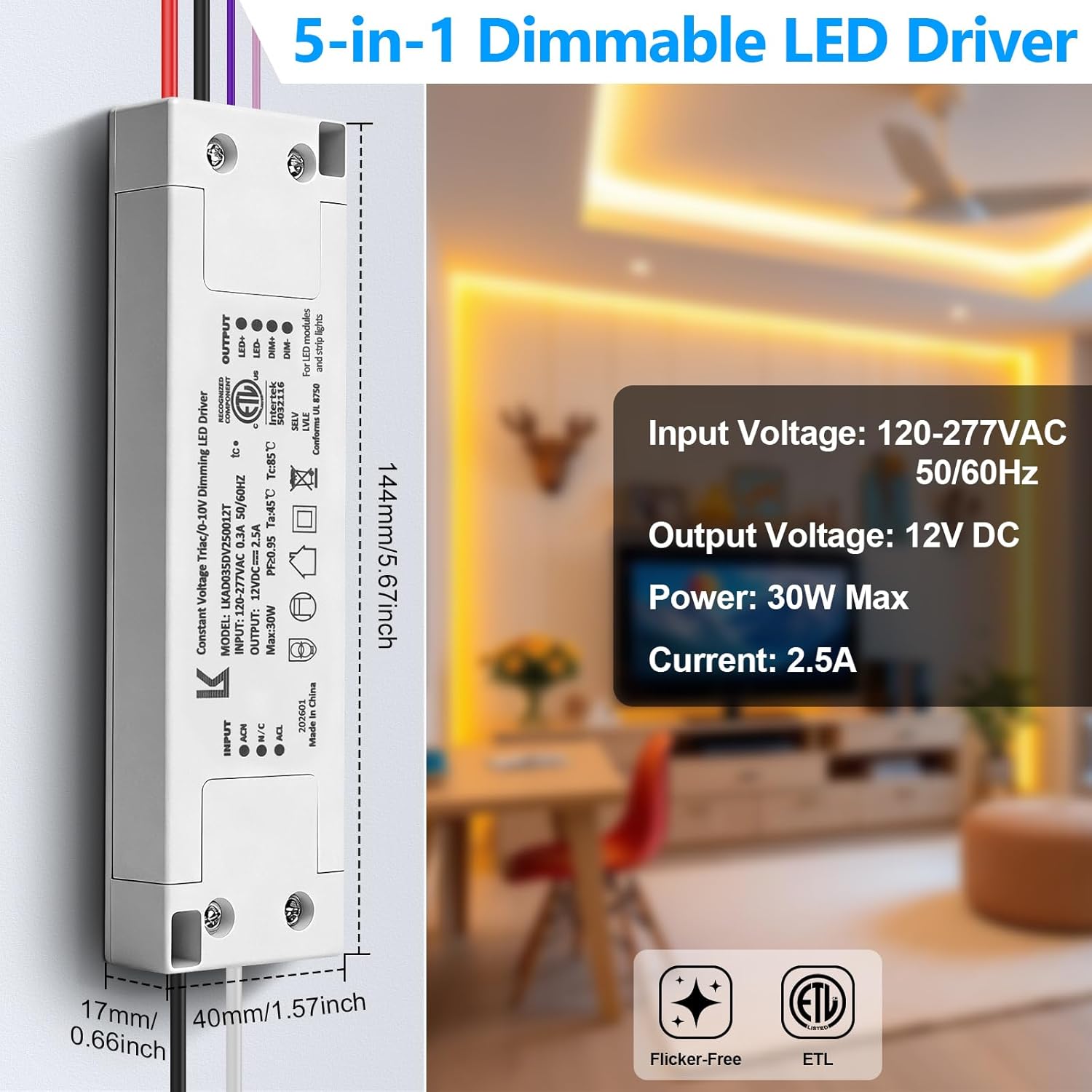 12V DC Plastic Case 5-in-1 Dimmable LED Power Supply, 30W/48W/100W, ETL Listed, AC 120–277V Input, Waterproof Driver for Traic/ELV/0-10V/PWM/Resistive Control, 1/10-Pack