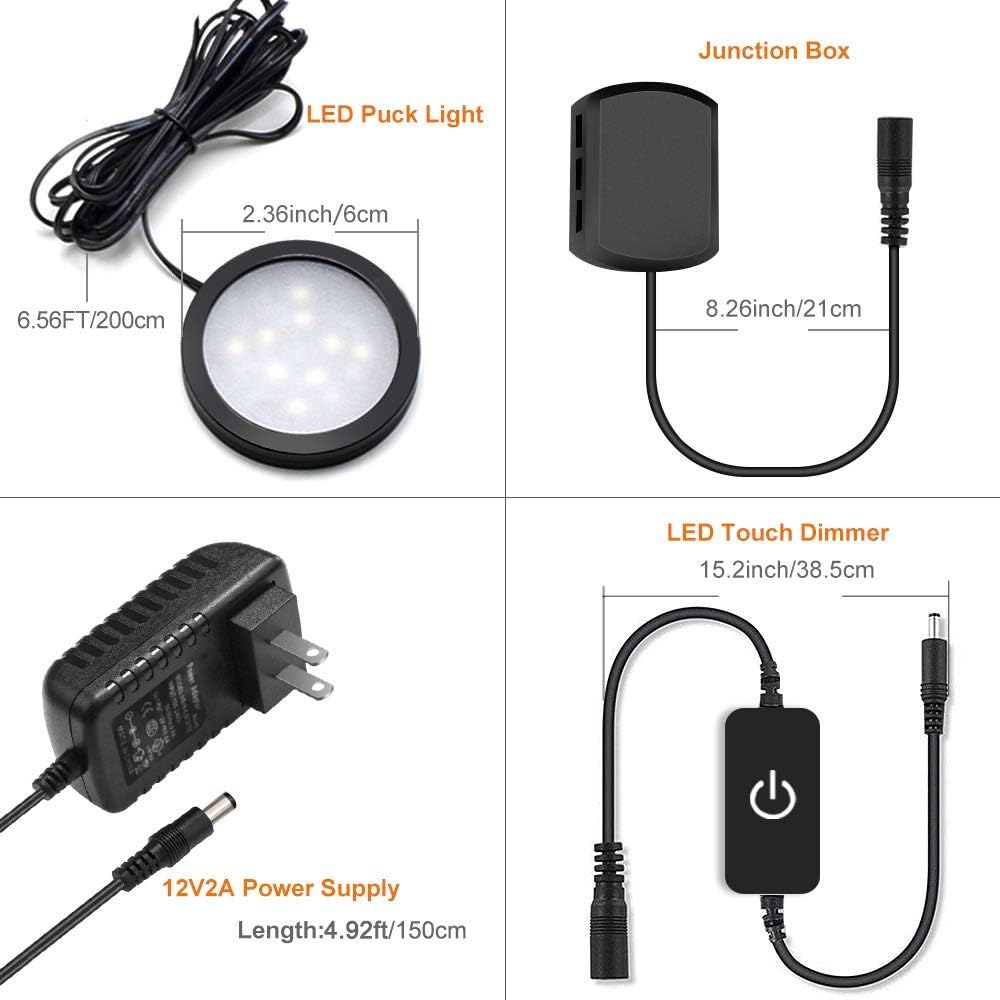 3er-Pack LED-Puck-Schrankleuchten – Warmweiß / Tageslichtweiß | Schwarzes Finish | 12-V-Adapter mit US-/UK-Stecker | Dimmbar per Touch | Klebemontage | für Küche und Unterschrank 