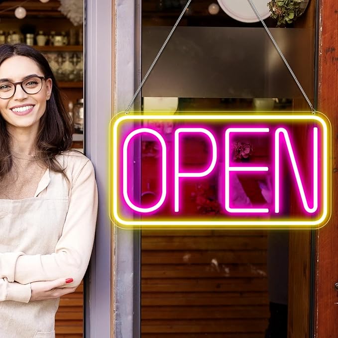 LED-Neonschild „OPEN“ – rechteckig | 4 Leuchtfarbenoptionen | 16×9 / 23×12 Zoll | Fensteraufhängung | Plug &amp; Play für Schaufenster