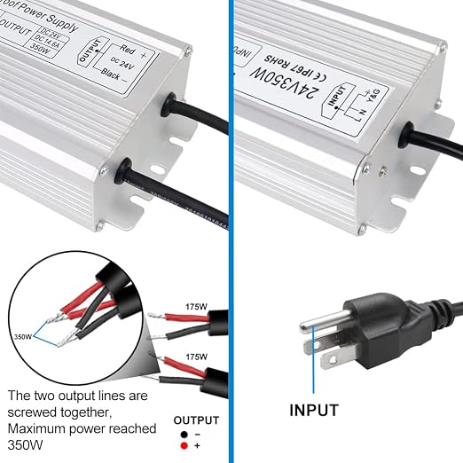 24V Waterproof LED Transformer, 90–140V Input, 200W–500W, Single/Dual Wire Output, CE/RoHS/FCC — US Plug & Wire Leads, Aluminum Housing, Outdoor Lighting Adapter