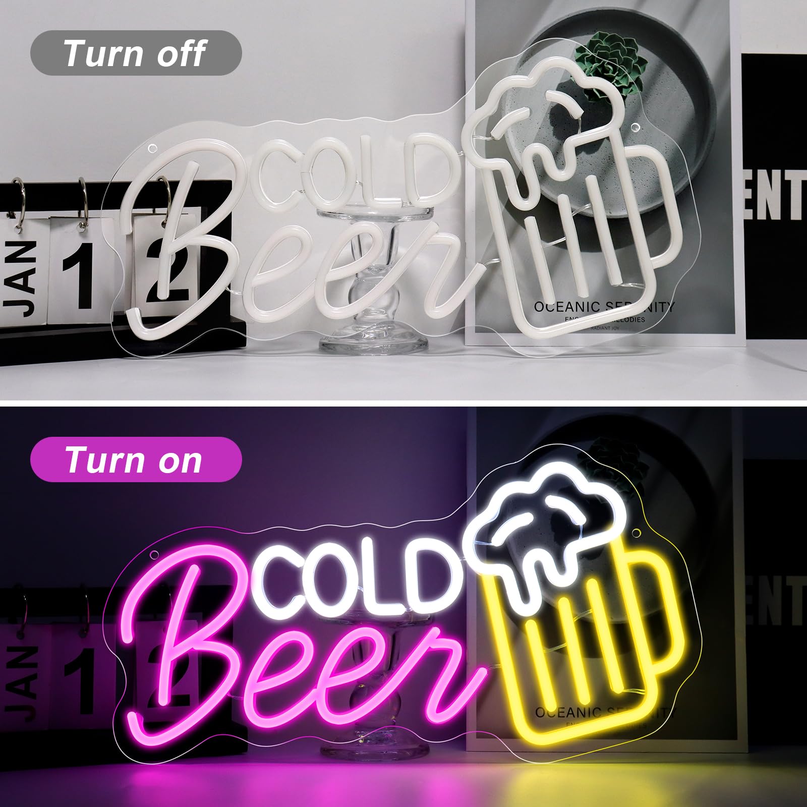 Panneau LED « Bière froide » – 41,9 cm x 22,3 cm | Éclat multicolore | Alimentation USB | Suspension | Idéal pour bar, pub, salon, discothèque et éclairage d'ambiance de fête 