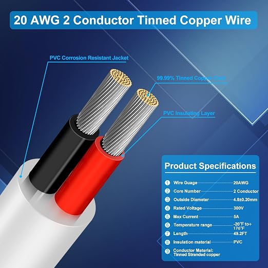 20 AWG Electrical Cable, 2/3/4/5 Conductor Stranded Tinned Copper Wire, Black/White PVC Sheathed Flexible Extension Cord for DIY Wiring, 10/20/50m (33ft–165ft) Options