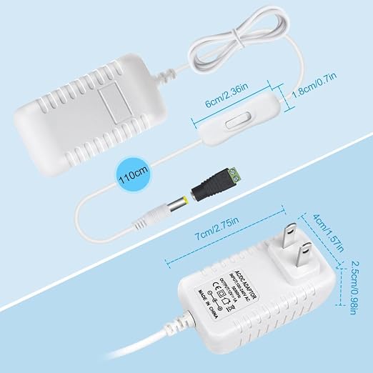 DC 12V Power Supply Adapter with On/Off Switch, 12W/24W/36W Options, US Plug, White Housing, 100–240V AC Input, Wall Plug Charger for LED Strip Lights and Electronics