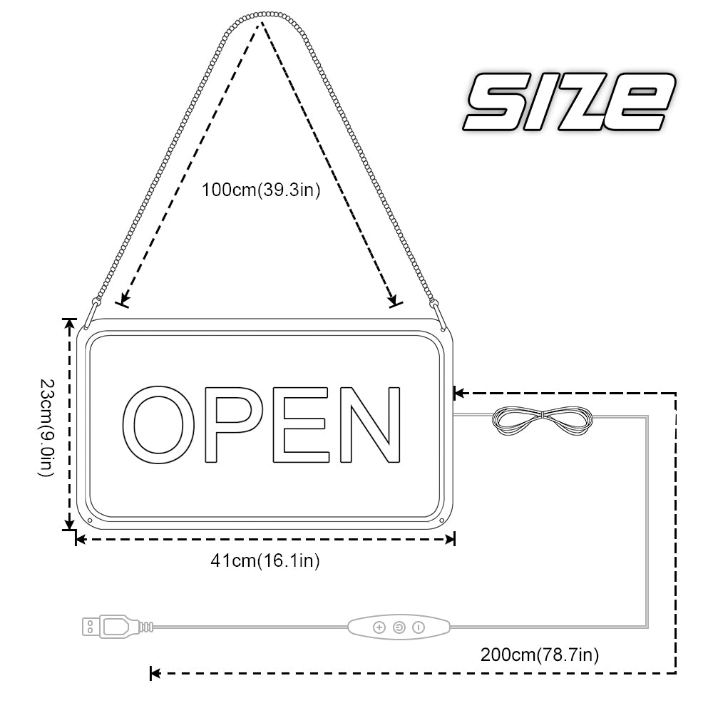 Enseigne néon verticale « OPEN » – Alimentation USB | 44 × 24 cm | 6 couleurs | Suspension LED pour vitrine