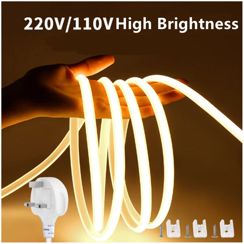 AC110V / 220V COB Flexible LED Strip Light - 3000K / 6500K | IP65 Waterproof | Spotless High Brightness | Inline Power Switch | for Cabinets, Kitchen & Office Lighting | US / EU Plug  | 5/50M