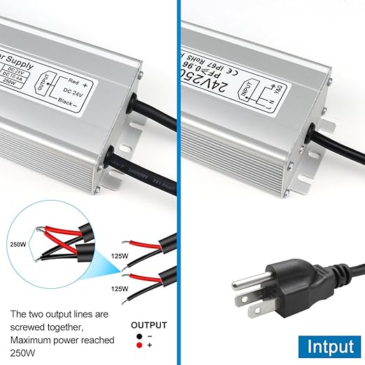 24V Waterproof LED Power Supply 30W–300W, 90–265V Input, Single/Dual Wire Output, Aluminum Housing, Outdoor LED Driver, CE/RoHS/FCC — US/UK/EU Plug & Wire Leads Options