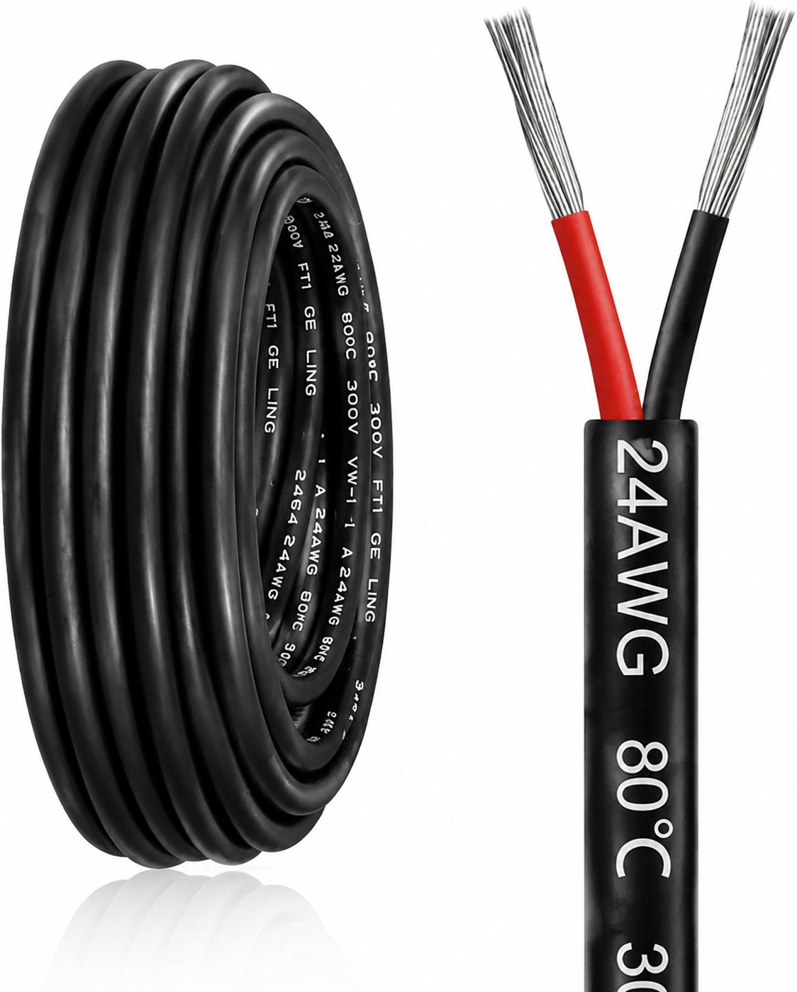 24 AWG Stranded Electrical Wire, 2/3/4/5 Conductor Multi-Core Cable, Black/White PVC Flexible Insulated Cord for Extension & Wiring —10/20/50m (33ft–165ft) Options