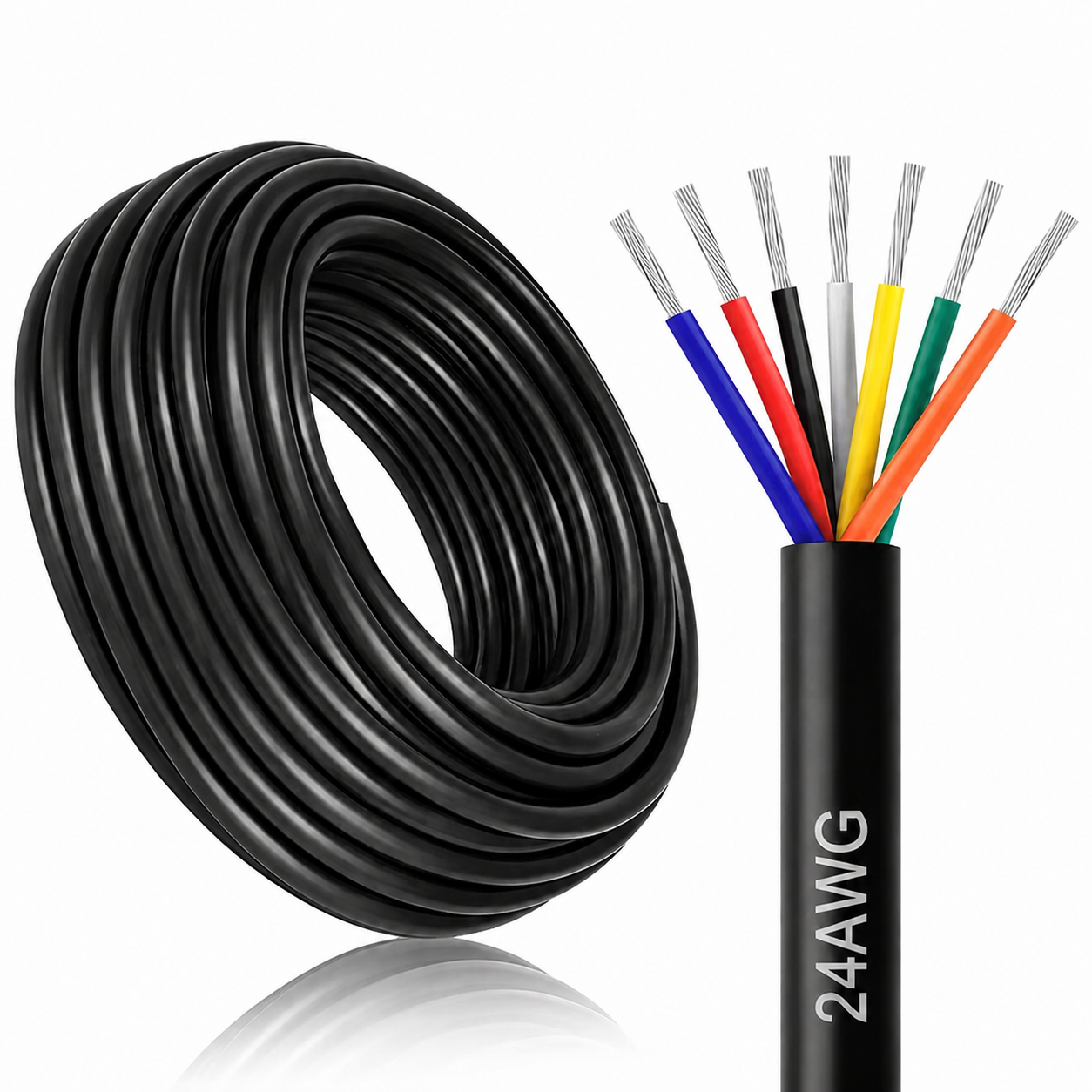 24 AWG Electrical Cable, 6/7/8 Conductor Stranded Tinned Copper Multi-Core Wire, Black/White PVC Jacket Flexible Control Extension Cord, 10/20/50m (33ft–165ft) Options