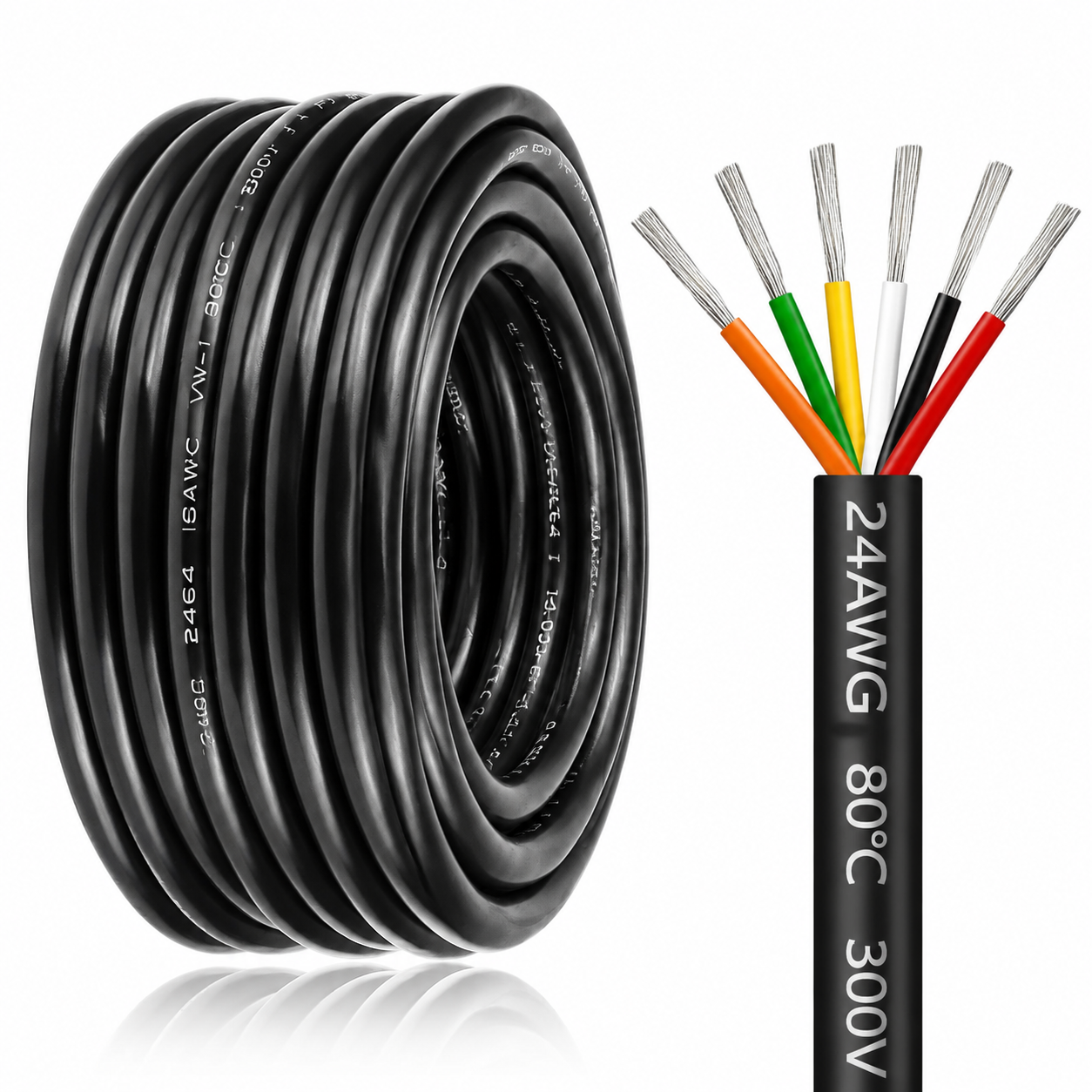 24 AWG Electrical Cable, 6/7/8 Conductor Stranded Tinned Copper Multi-Core Wire, Black/White PVC Jacket Flexible Control Extension Cord, 10/20/50m (33ft–165ft) Options