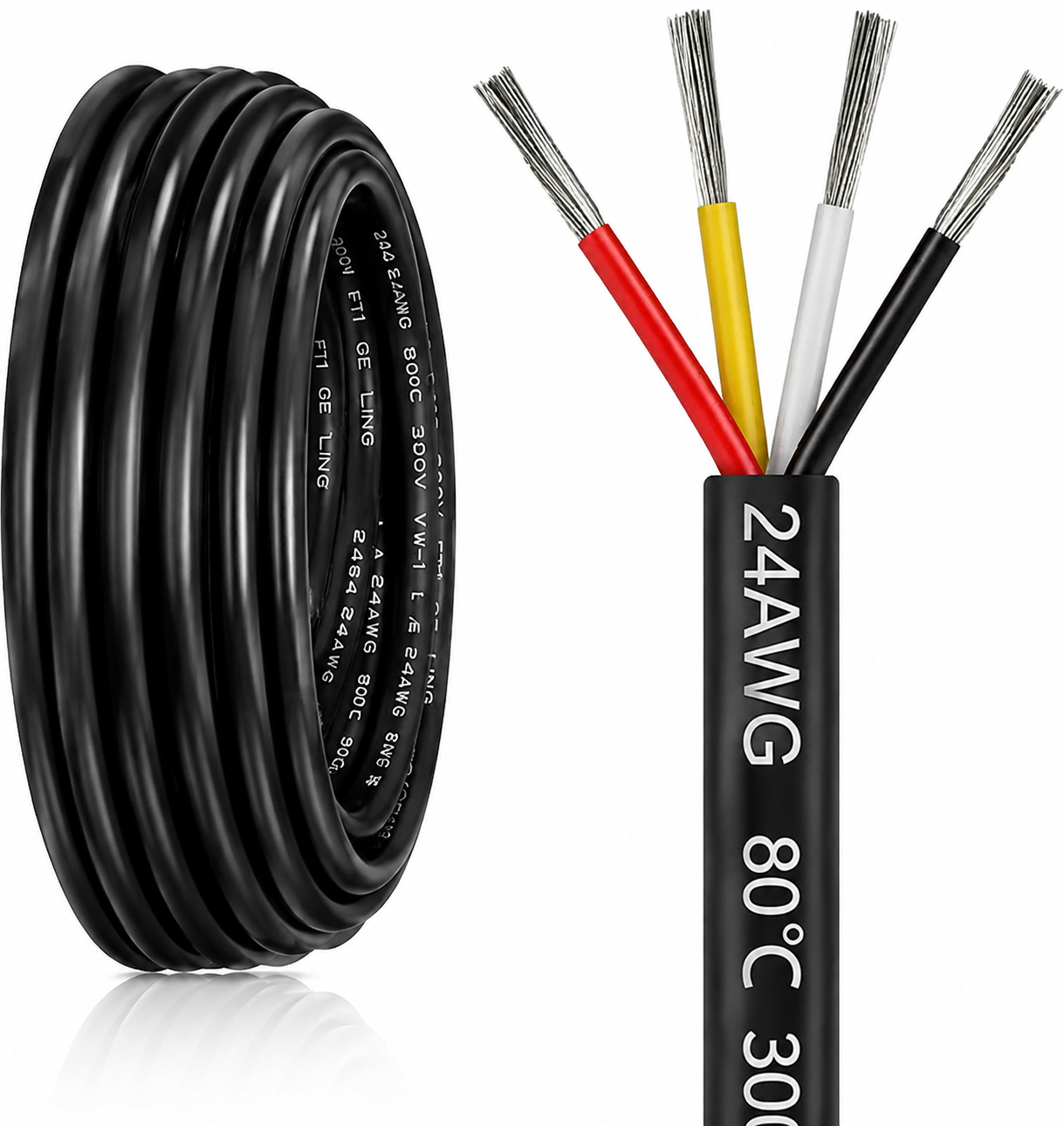 24 AWG Stranded Electrical Wire, 2/3/4/5 Conductor Multi-Core Cable, Black/White PVC Flexible Insulated Cord for Extension & Wiring —10/20/50m (33ft–165ft) Options