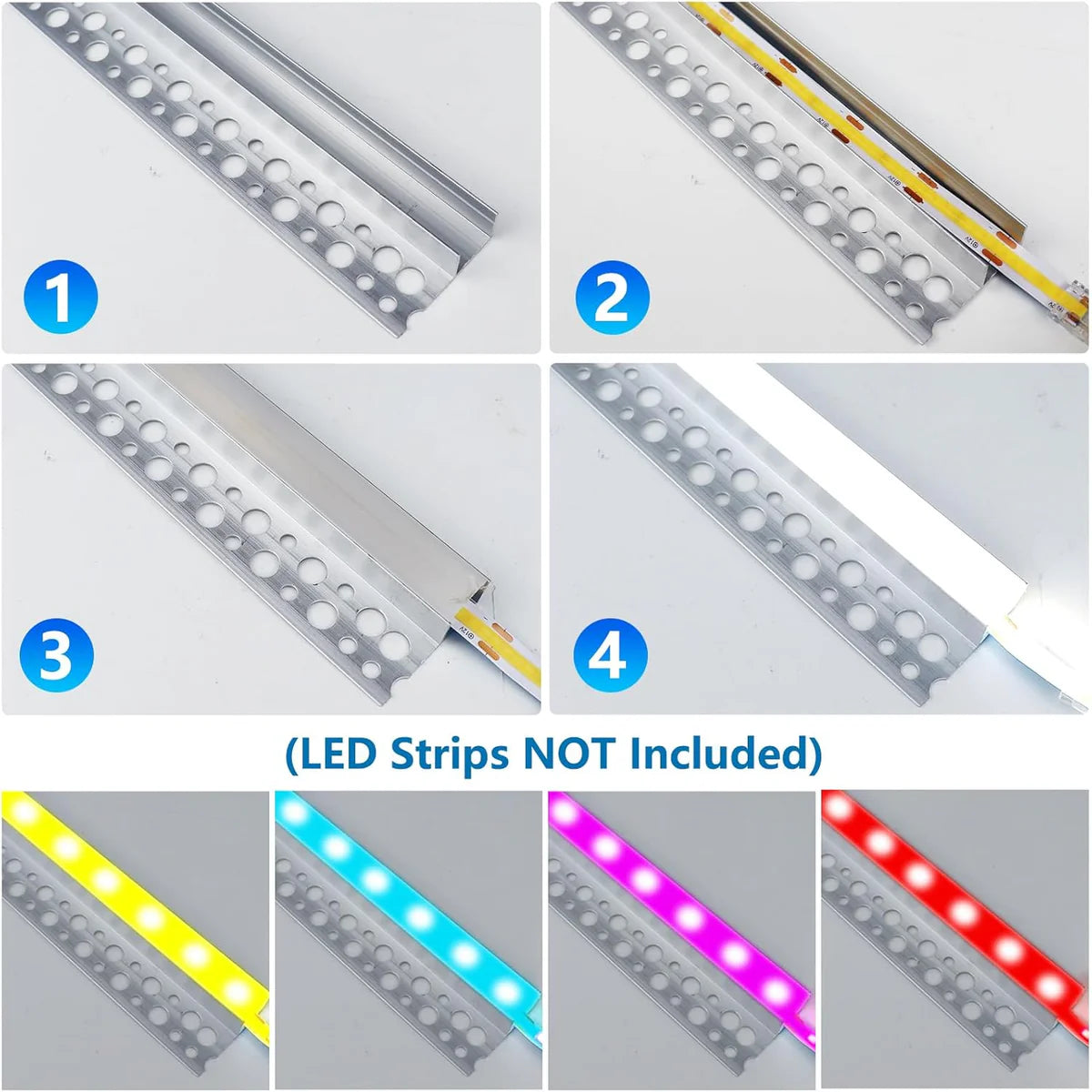 Einseitige Gipskarton-LED-Aluminiumkanäle – Passend für 1 bis 12 mm LED-Streifen | Silber | Milchweiße Abdeckung | 1 / 2 / 3 Meter | Silber | Milchweiße Abdeckung | 50 / 100 -Packung