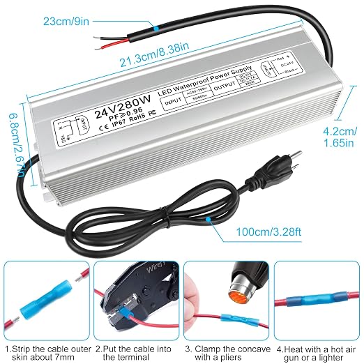 24V Waterproof LED Power Supply 30W–300W, 90–265V Input, Single/Dual Wire Output, Aluminum Housing, Outdoor LED Driver, CE/RoHS/FCC — US/UK/EU Plug & Wire Leads Options