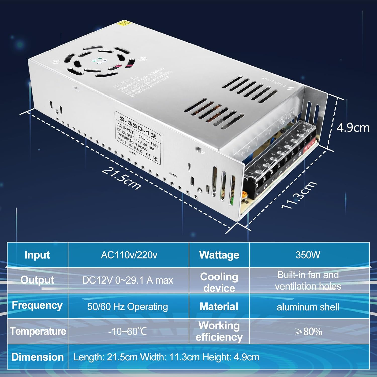 DC 12 V/24 V Schaltnetzteil 300 W–600 W, AC 110/220 V Eingang, Hochleistungs-LED-Treibertransformator, Kühllüfter-Metallgehäuse, CE/FCC/RoHS-zertifiziert