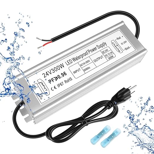 24V Waterproof LED Power Supply 30W–300W, 90–265V Input, Single/Dual Wire Output, Aluminum Housing, Outdoor LED Driver, CE/RoHS/FCC — US/UK/EU Plug & Wire Leads Options