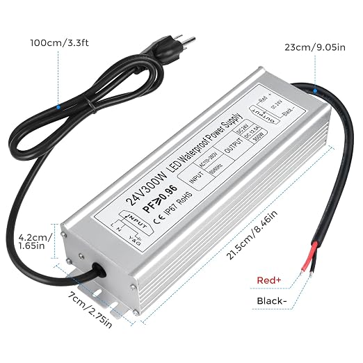 24V Waterproof LED Power Supply 30W–300W, 90–265V Input, Single/Dual Wire Output, Aluminum Housing, Outdoor LED Driver, CE/RoHS/FCC — US/UK/EU Plug & Wire Leads Options