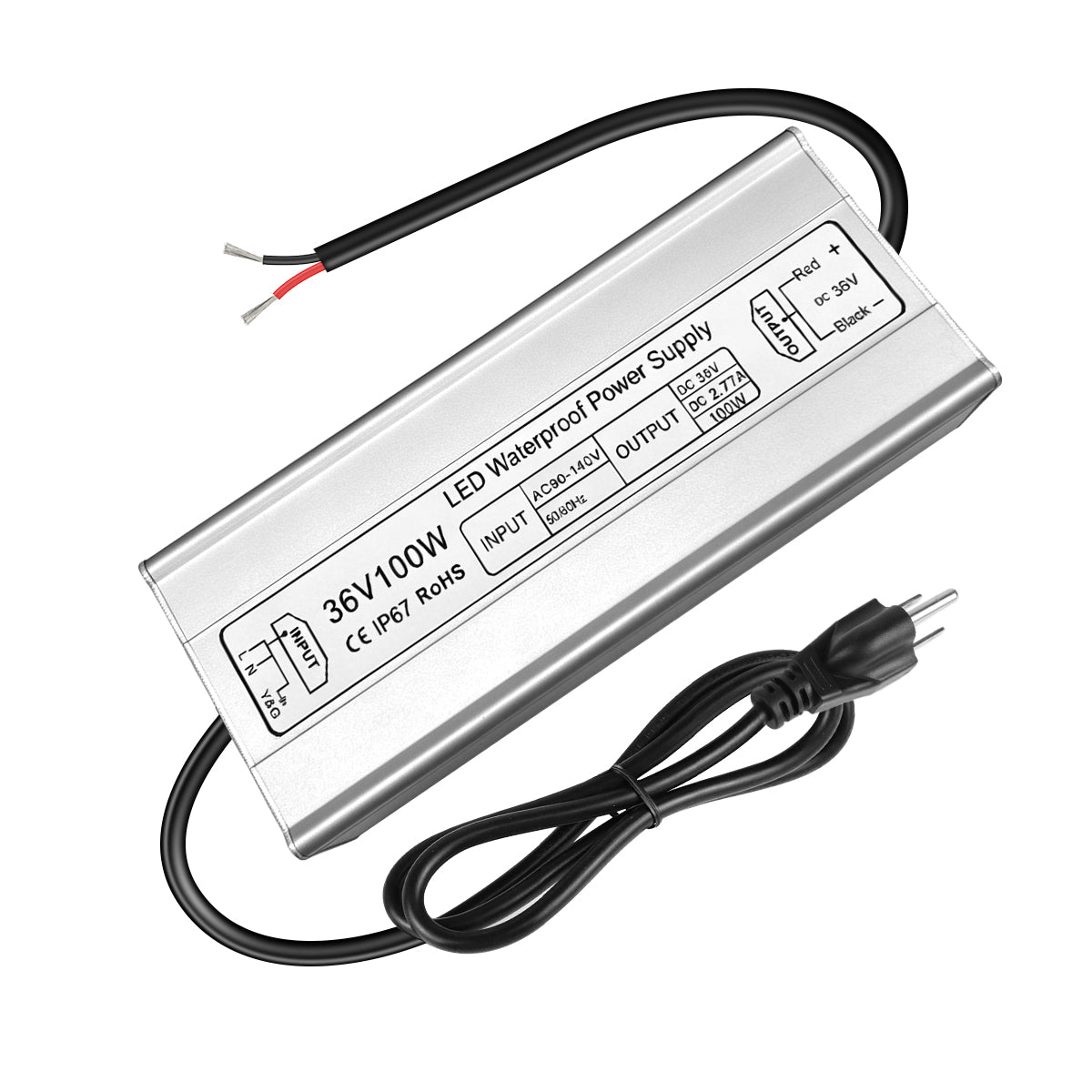 Alimentation LED 36 V (tension constante), entrée 90–140 V, 100 W–400 W, sortie unique, étanchéité IP67, CE/RoHS/FCC — Options de prise et de câbles américains 