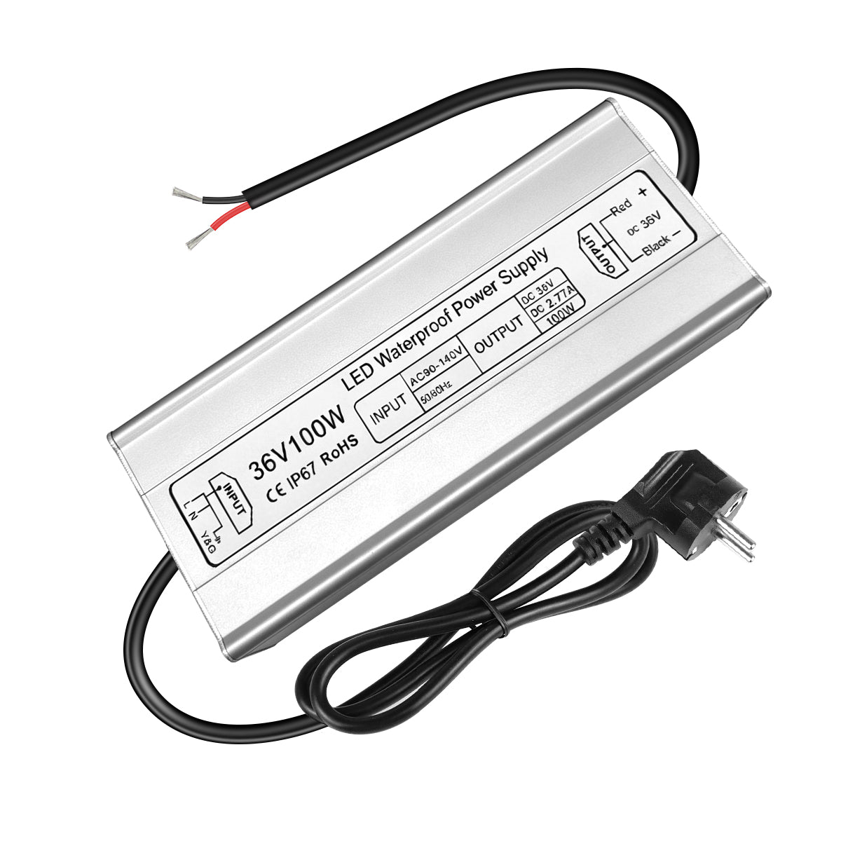 36V LED Power Supply, 175–265V Input, 100W–400W, Aluminum Housing, Constant Voltage Transformer, IP67 Waterproof SMPS, CE/RoHS/FCC — UK/EU Plug & Wire Leads Options