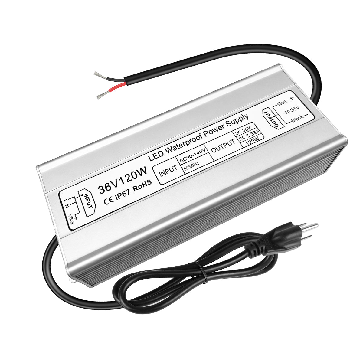 Alimentation LED 36 V (tension constante), entrée 90–140 V, 100 W–400 W, sortie unique, étanchéité IP67, CE/RoHS/FCC — Options de prise et de câbles américains 