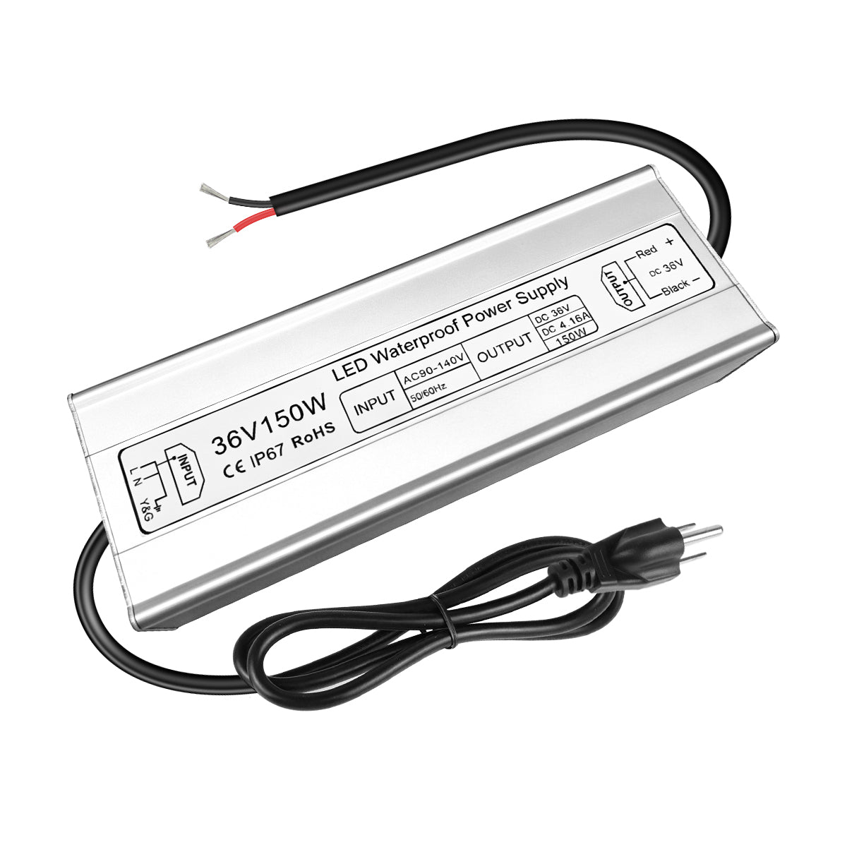 Alimentation LED 36 V (tension constante), entrée 90–140 V, 100 W–400 W, sortie unique, étanchéité IP67, CE/RoHS/FCC — Options de prise et de câbles américains 