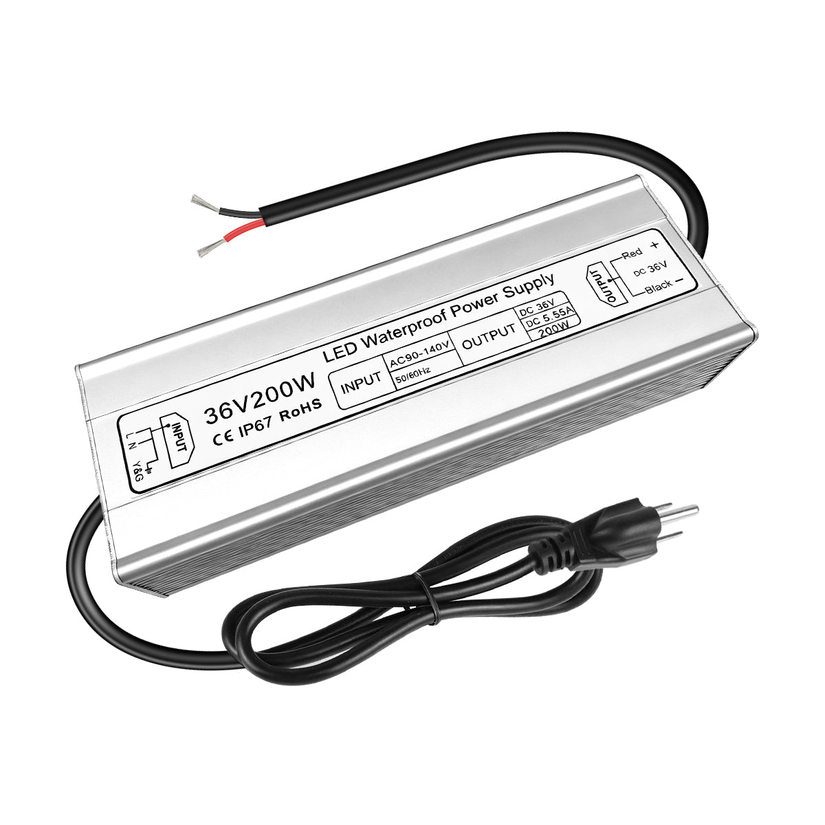 Alimentation LED 36 V (tension constante), entrée 90–140 V, 100 W–400 W, sortie unique, étanchéité IP67, CE/RoHS/FCC — Options de prise et de câbles américains 
