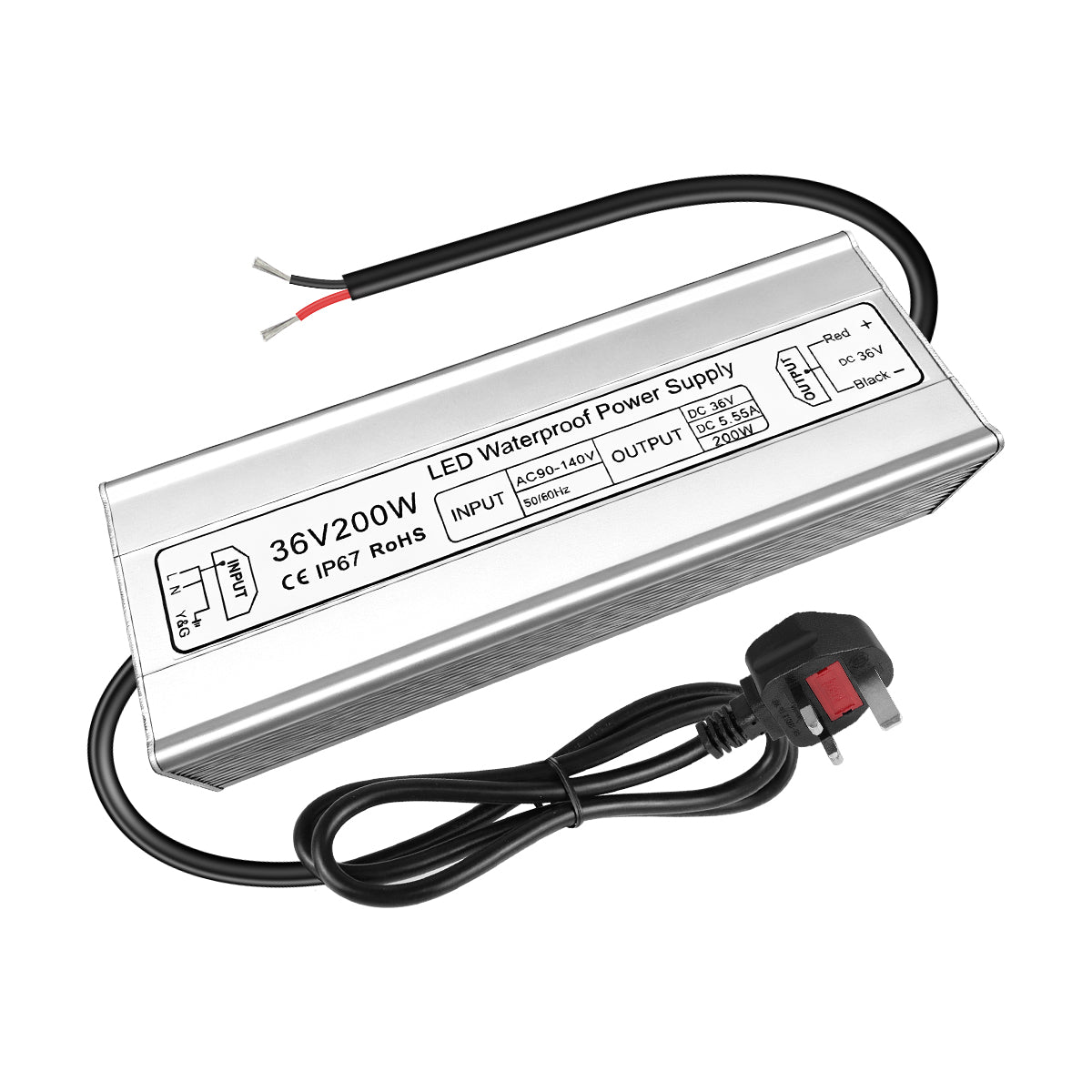36V LED Power Supply, 175–265V Input, 100W–400W, Aluminum Housing, Constant Voltage Transformer, IP67 Waterproof SMPS, CE/RoHS/FCC — UK/EU Plug & Wire Leads Options